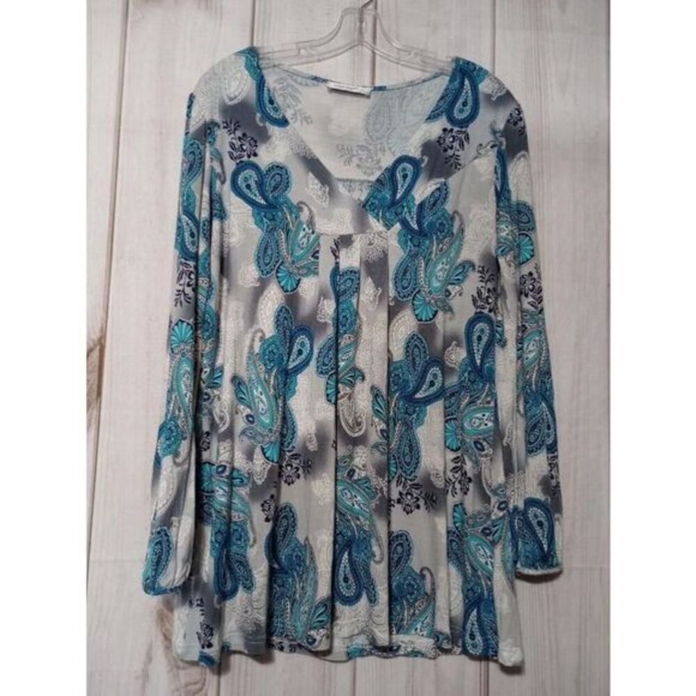MoQiVGi Shirt Ladies Large Paisley Blue Grey Long‎ Sleeve